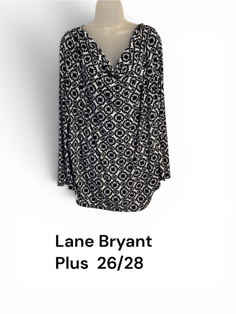 Lane Bryant Black & White Printed Cowl/Drape Neck Top  PLUS: 26/28   #W